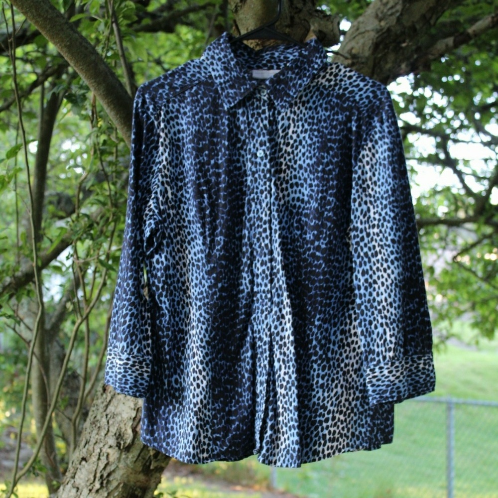 Blue, leopard print, button-down